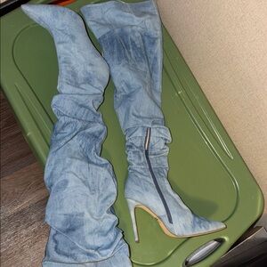 Light Blue Denim Over-the-Knee Pointed Toe Stiletto Boots